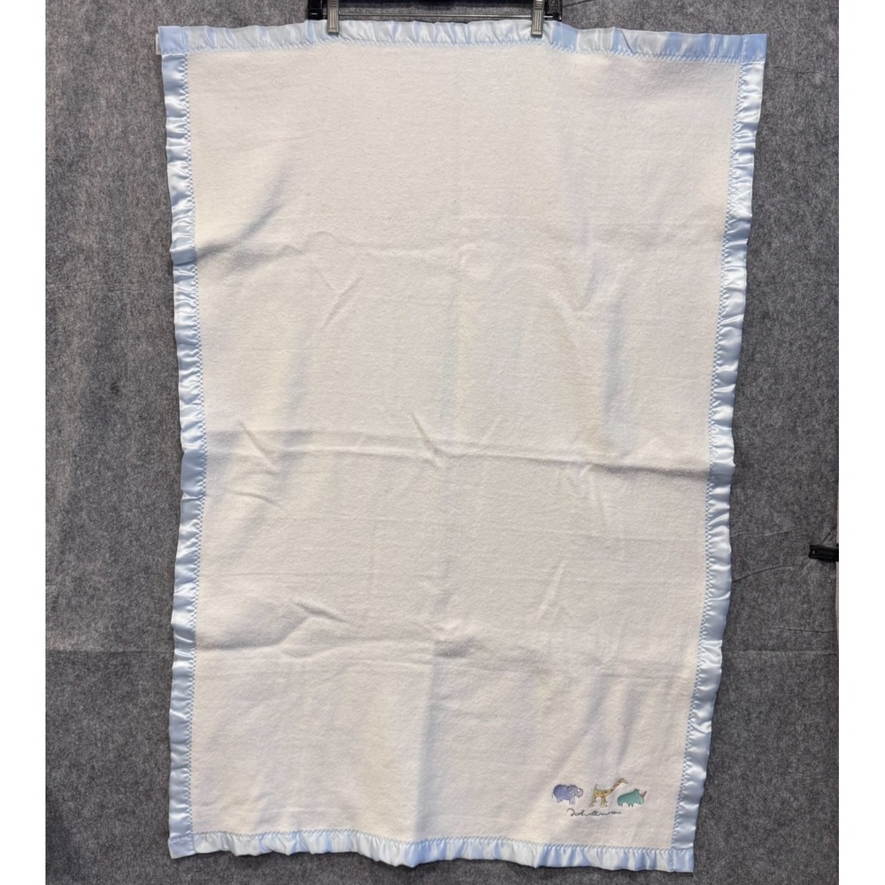 Vintage Carters Baby Blanket White Satin Trim Blue Made USA Animals Embroidered‎